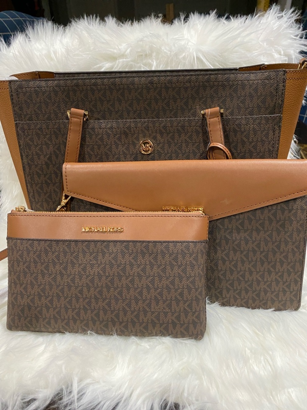 3 piece set: Michael Kors Brown Monogram Tote with Matching clutch and crossbody